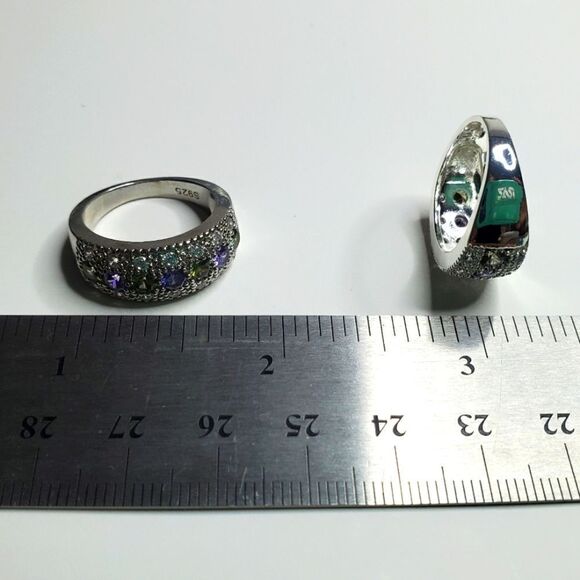 Green & Blue Diamonds Baguette White Diamonds Ring on 925 Silver Ring - Picture 7 of 7